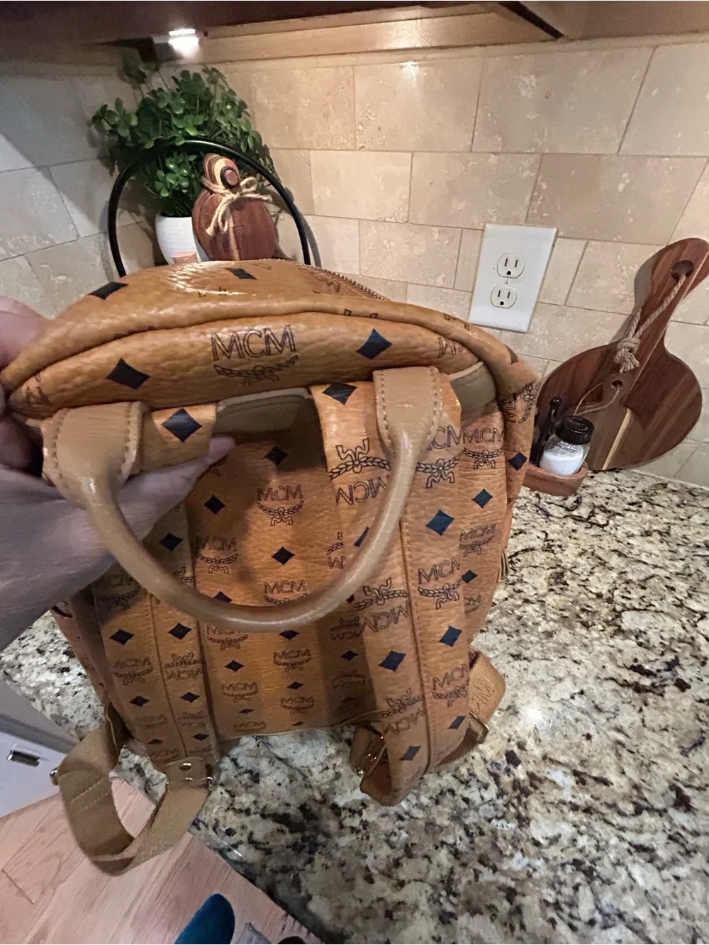 MCM Cognac Visetos Backpack Large with mcm bone bag charm and coa card.